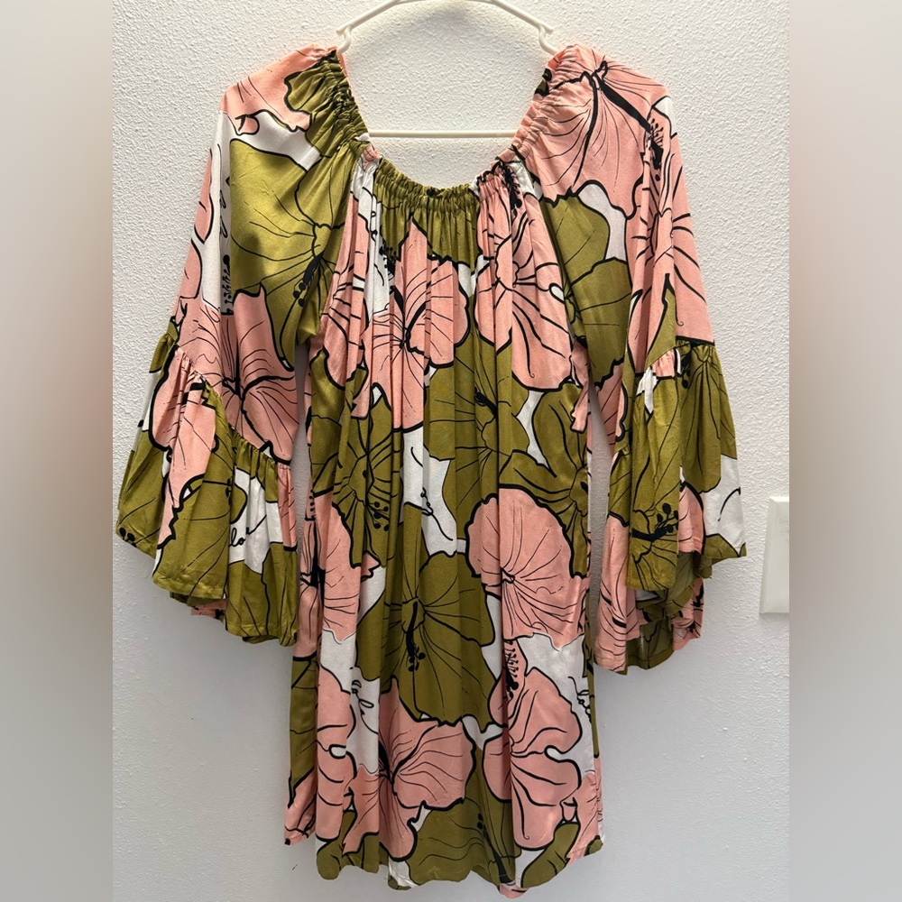 Pink and Green Tunic with Bell Sleeves and Ruffles